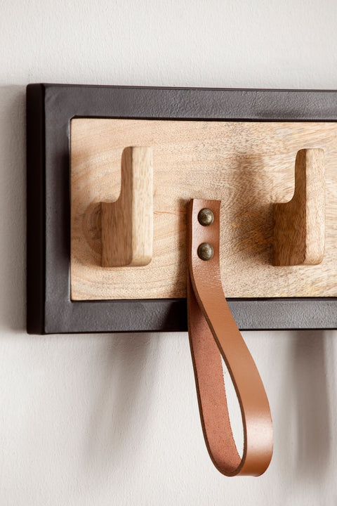 Rootz Modern Wall Coat Rack - Coat Hanger - Hat Rack - Handmade - Natural Wood - Black Metal Frame - 60cm x 15cm x 6cm