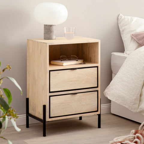 Rootz Modern Bedside Table - Nightstand - End Table - Metal and Wood - 43cm x 60cm x 30cm - Handcrafted - Unique Design - Drawer and Compartment - Light Brown and Black - 5kg Capacity - Mango Wood - Easy Assembly