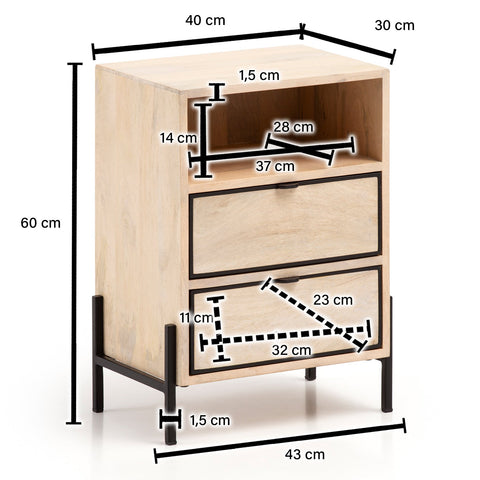 Rootz Modern Bedside Table - Nightstand - End Table - Metal and Wood - 43cm x 60cm x 30cm - Handcrafted - Unique Design - Drawer and Compartment - Light Brown and Black - 5kg Capacity - Mango Wood - Easy Assembly