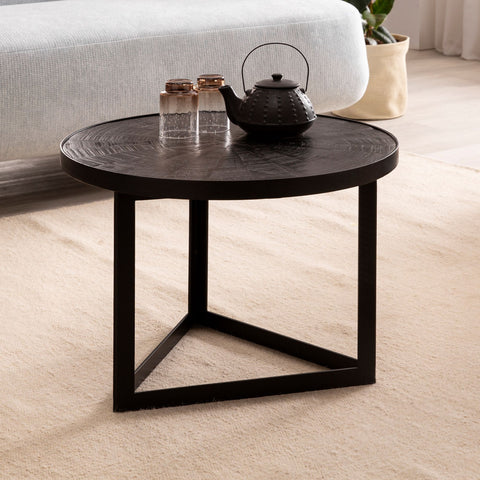 Rootz Industrial Design Coffee Table - Round Table - Triangular Frame - Handmade - Mango Wood - Unique - 58cm x 58cm x 40cm