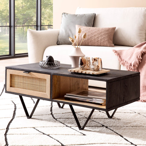 Rootz Coffee Table - Solid Wood & Rattan - Living Room Table - Stylish Design - Extra Storage Space - Durable Construction - 90cm x 45cm x 37cm