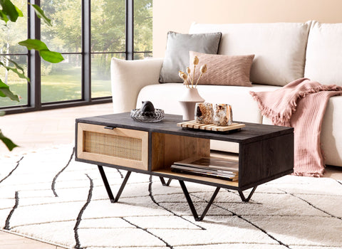 Rootz Coffee Table - Solid Wood & Rattan - Living Room Table - Stylish Design - Extra Storage Space - Durable Construction - 90cm x 45cm x 37cm