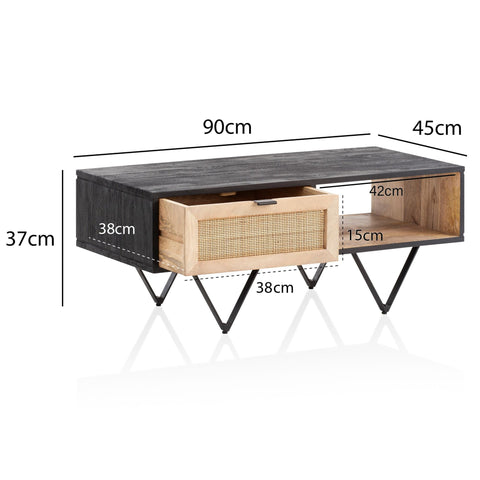 Rootz Coffee Table - Solid Wood & Rattan - Living Room Table - Stylish Design - Extra Storage Space - Durable Construction - 90cm x 45cm x 37cm