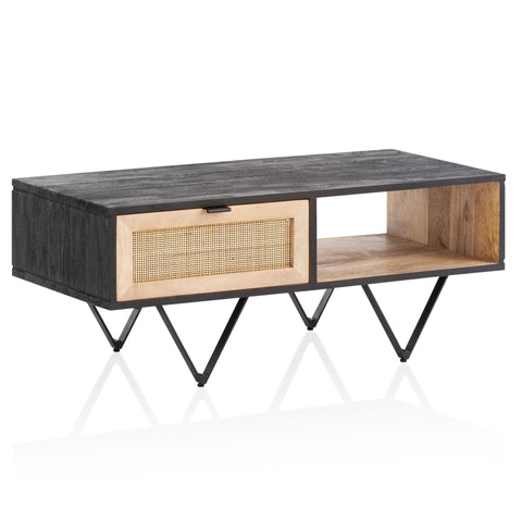 Rootz Coffee Table - Solid Wood & Rattan - Living Room Table - Stylish Design - Extra Storage Space - Durable Construction - 90cm x 45cm x 37cm