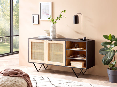 Rootz Solid Wood Rattan Sideboard - Chest of Drawers - Storage Cabinet - Handcrafted - Spacious Storage - Modern Design - 145cm x 75cm x 40cm