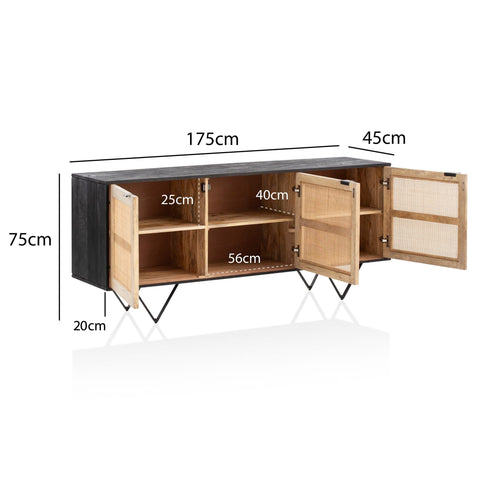 Rootz Solid Wood Rattan Sideboard - Chest of Drawers - Storage Cabinet - Handcrafted - Spacious Storage - Modern Design - 175cm x 75cm x 45cm