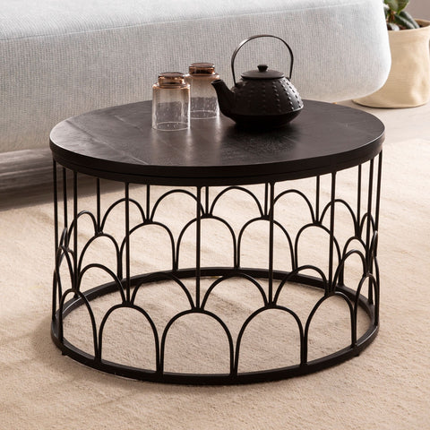 Rootz Handmade Coffee Table - Industrial Design - Round Table - Natural Wood Grain - Handcrafted - 60cm x 60cm x 36cm - Mango Solid Wood - Powder-Coated Iron - Black - Unique Piece - Floor Protectors - 15kg Load Capacity