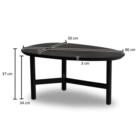 Rootz Modern Design Coffee Table - Kidney-shaped Table - Tripod Frame - Handmade - Mango Wood - Black - 86cm x 50cm x 37cm - Timeless Appearance - Natural Wood Grain - Protective Varnish - Anti-slip Nubs - Unique Design
