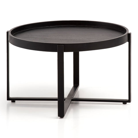 Rootz Round Coffee Table - Industrial Design - Handmade - Unique - Natural Wood Grain - 60cm x 60cm x 35cm - Black - Mango Solid Wood - Powder-Coated Iron - Handcrafted - Height-Adjustable Knobs - 15kg Load Capacity