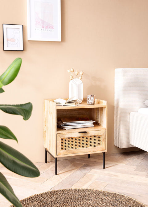 Rootz Modern Bedside Table - Nightstand - Drawer Cabinet - Viennese Weave - Natural Wood Grain - Handmade - 50cm x 60cm x 40cm