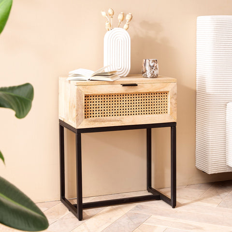 Rootz Modern Bedside Table - Nightstand - Rattan Drawer - Mango Wood - Handmade - Viennese Weave - Natural Wood Grain - Black Metal Frame - 50cm x 60cm x 30cm