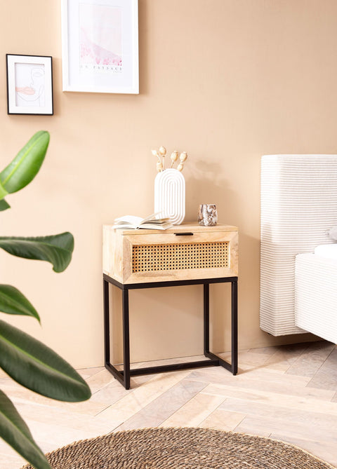 Rootz Modern Bedside Table - Nightstand - Rattan Drawer - Mango Wood - Handmade - Viennese Weave - Natural Wood Grain - Black Metal Frame - 50cm x 60cm x 30cm