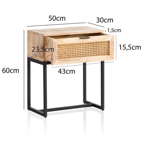 Rootz Modern Bedside Table - Nightstand - Rattan Drawer - Mango Wood - Handmade - Viennese Weave - Natural Wood Grain - Black Metal Frame - 50cm x 60cm x 30cm
