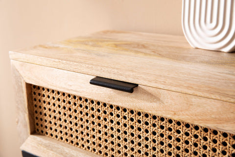 Rootz Modern Bedside Table - Nightstand - Rattan Drawer - Mango Wood - Handmade - Viennese Weave - Natural Wood Grain - Black Metal Frame - 50cm x 60cm x 30cm