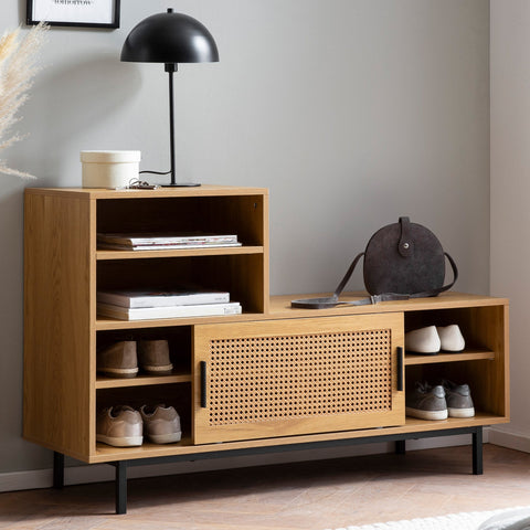 Rootz Modern Design Wardrobe Bench - Seat with Gray Fabric Cover - Sliding Door Storage - Oak Finish - Adjustable Shelves - 120cm x 75.5cm x 40cm