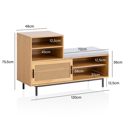 Rootz Modern Design Wardrobe Bench - Seat with Gray Fabric Cover - Sliding Door Storage - Oak Finish - Adjustable Shelves - 120cm x 75.5cm x 40cm