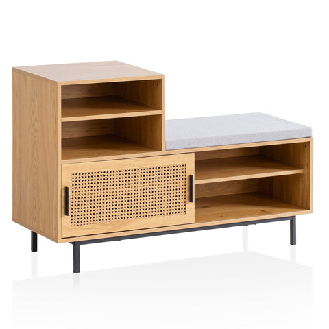 Rootz Modern Design Wardrobe Bench - Seat with Gray Fabric Cover - Sliding Door Storage - Oak Finish - Adjustable Shelves - 120cm x 75.5cm x 40cm