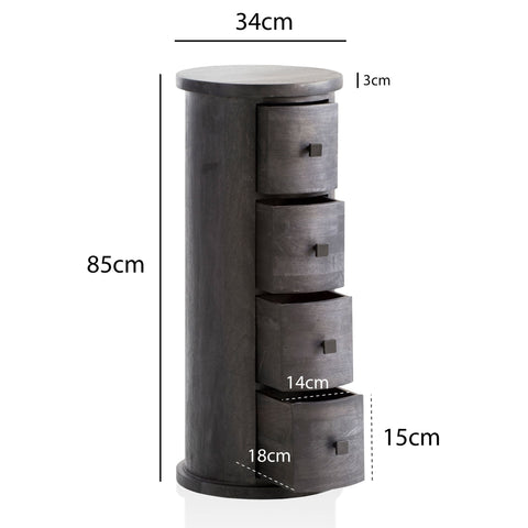 Rootz Modern Chest of Drawers - Sideboard - Storage Cabinet - Mango Wood - 34cm x 85cm x 34cm - Black - Four Drawers - Unique Grain - High Stability - Removable Drawers