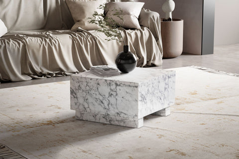 Rootz Elegant Coffee Table - Cube Table - Marble Look - White - 60cm x 60cm x 35cm - Remote Control Storage - Versatile Design - Scratch Protection