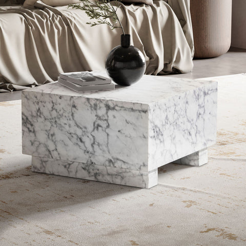 Rootz Elegant Coffee Table - Cube Table - Marble Look - White - 60cm x 60cm x 35cm - Remote Control Storage - Versatile Design - Scratch Protection
