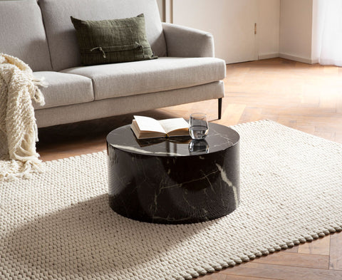Rootz Elegant Coffee Table - Round Table - Marble Look - Black - Remote Control Shelf - Versatile Design - Scratch Protection - 60cm x 60cm x 30cm