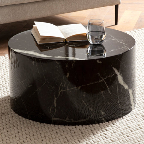 Rootz Elegant Coffee Table - Round Table - Marble Look - Black - Remote Control Shelf - Versatile Design - Scratch Protection - 60cm x 60cm x 30cm