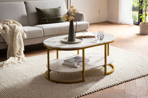 Rootz Modern Design Rectangular Sofa Table - Coffee Table - Marble Look - White & Gold - Storage Area - Elegant Flair - Robust Metal Frame - 100cm x 60cm x 45cm