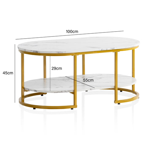 Rootz Modern Design Rectangular Sofa Table - Coffee Table - Marble Look - White & Gold - Storage Area - Elegant Flair - Robust Metal Frame - 100cm x 60cm x 45cm