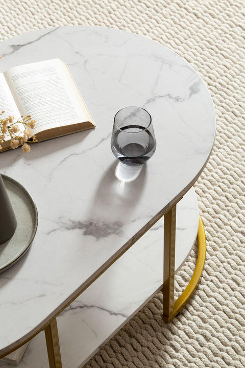 Rootz Modern Design Rectangular Sofa Table - Coffee Table - Marble Look - White & Gold - Storage Area - Elegant Flair - Robust Metal Frame - 100cm x 60cm x 45cm
