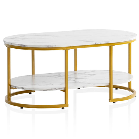 Rootz Modern Design Rectangular Sofa Table - Coffee Table - Marble Look - White & Gold - Storage Area - Elegant Flair - Robust Metal Frame - 100cm x 60cm x 45cm