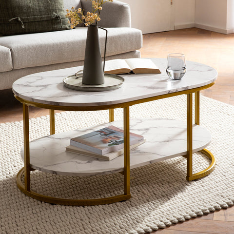 Rootz Modern Design Rectangular Sofa Table - Coffee Table - Marble Look - White & Gold - Storage Area - Elegant Flair - Robust Metal Frame - 100cm x 60cm x 45cm
