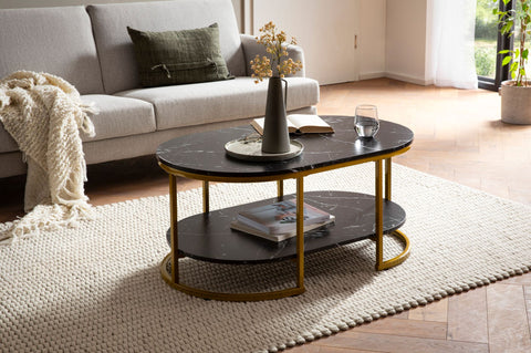 Modern Rectangular Sofa Table - Black & Gold - Marble Look - Rounded Corners - 100cm x 60cm x 45cm - Storage Area - Robust Metal Frame - Elegant Flair - Anti-Slip Nubs - 25kg Load Capacity