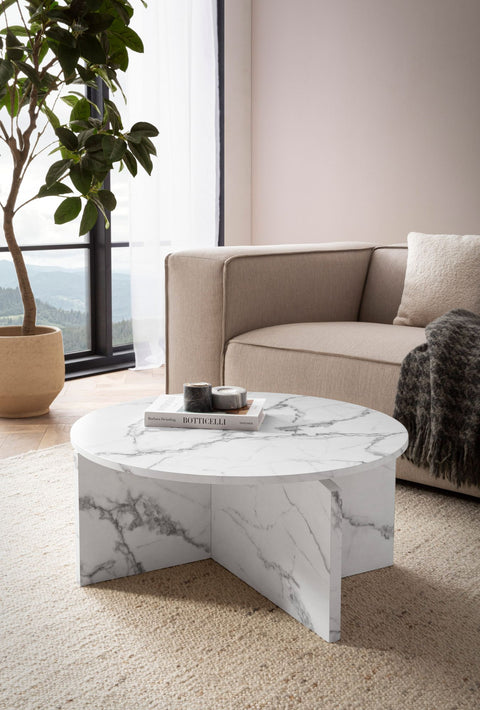 Rootz Round Coffee Table - Modern Marble Look - Elegant Furniture - Anti-Slip Pads - 70cm x 70cm x 33cm