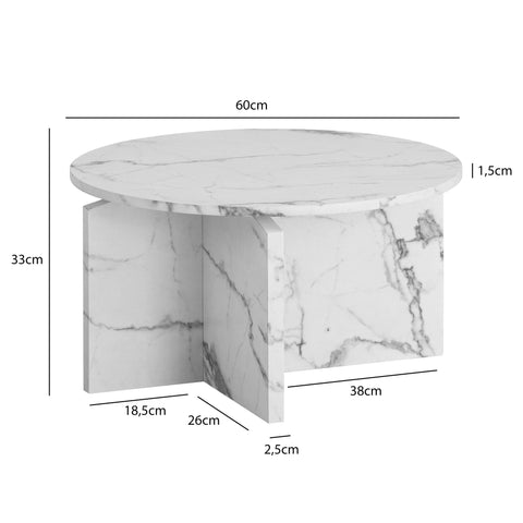 Rootz Modern Coffee Table - Round Table - Marble Look - Anti-Slip Design - 60cm x 60cm x 33cm