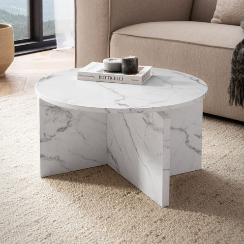 Rootz Modern Coffee Table - Round Table - Marble Look - Anti-Slip Design - 60cm x 60cm x 33cm