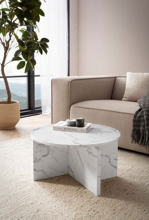 Rootz Modern Coffee Table - Round Table - Marble Look - Anti-Slip Design - 60cm x 60cm x 33cm