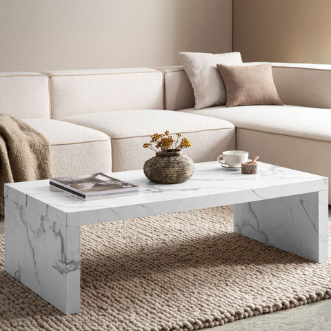 Rootz Simple Coffee Table - Marble Look - U-shaped Design - Spacious Storage - 110cm x 55cm x 35cm