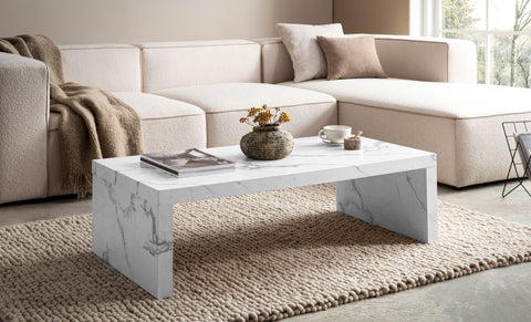 Rootz Simple Coffee Table - Marble Look - U-shaped Design - Spacious Storage - 110cm x 55cm x 35cm
