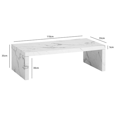 Rootz Simple Coffee Table - Marble Look - U-shaped Design - Spacious Storage - 110cm x 55cm x 35cm