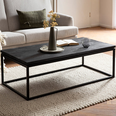 Rootz Modern Design Coffee Table - Rectangular Table - Handmade - Unique - Natural Wood Grain - 120cm x 60cm x 40cm - Mango Solid Wood - Powder-Coated Iron - Black Sandblasted - Anti-Slip Nubs - Easy Assembly - Care Instructions Included