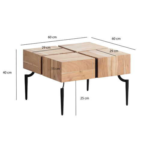 Rootz Coffee Table - Solid Acacia Wood - Modern Sofa Table - Square Living Room Table - Unique Handcrafted Design - Protective Clear Varnish - Easy Assembly - 60cm x 60cm x 40cm