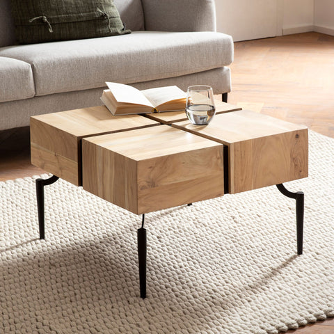 Rootz Coffee Table - Solid Acacia Wood - Modern Sofa Table - Square Living Room Table - Unique Handcrafted Design - Protective Clear Varnish - Easy Assembly - 60cm x 60cm x 40cm