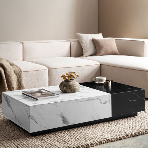 Rootz Modern Coffee Table - Marble Look - Dual Color - Spacious Table Top - 120cm x 60cm x 28cm - Elegant Design, Anti-Slip Pads