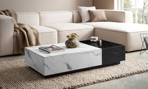 Rootz Modern Coffee Table - Marble Look - Dual Color - Spacious Table Top - 120cm x 60cm x 28cm - Elegant Design, Anti-Slip Pads