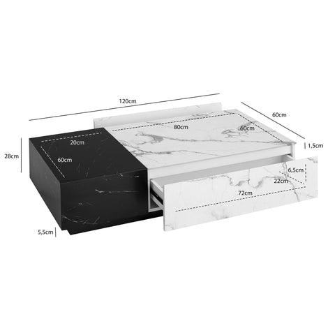 Rootz Modern Coffee Table - Marble Look - Dual Color - Spacious Table Top - 120cm x 60cm x 28cm - Elegant Design, Anti-Slip Pads