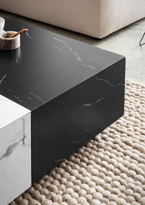 Rootz Modern Coffee Table - Marble Look - Dual Color - Spacious Table Top - 120cm x 60cm x 28cm - Elegant Design, Anti-Slip Pads