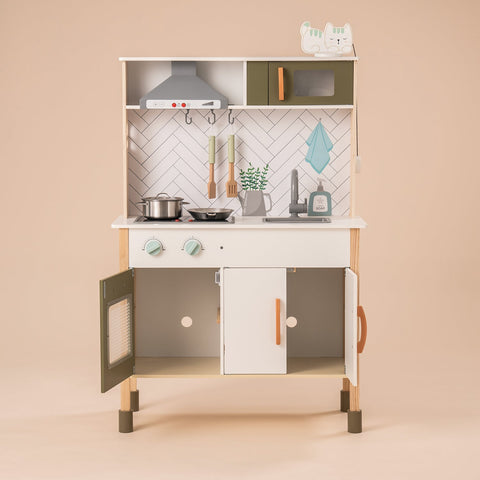 Rootz Wooden Play Kitchen for Toddlers Kids - Pretend Play Kitchen - Educational Toy Kitchen Set - Authentic Cooking Experience - Large Storage Space - 76 cm x 33 cm x 89 cm - Durable Wood