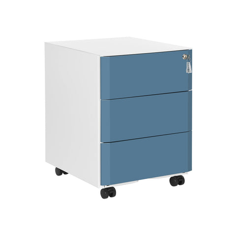Rootz 3 Drawer Filing Cabinet - Rolling Container - Steel Construction - Lockable - White-Blue - 39cm x 46cm x 53cm