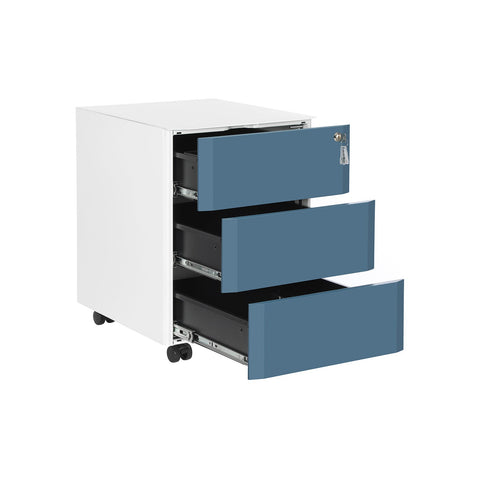 Rootz 3 Drawer Filing Cabinet - Rolling Container - Steel Construction - Lockable - White-Blue - 39cm x 46cm x 53cm