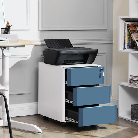 Rootz 3 Drawer Filing Cabinet - Rolling Container - Steel Construction - Lockable - White-Blue - 39cm x 46cm x 53cm